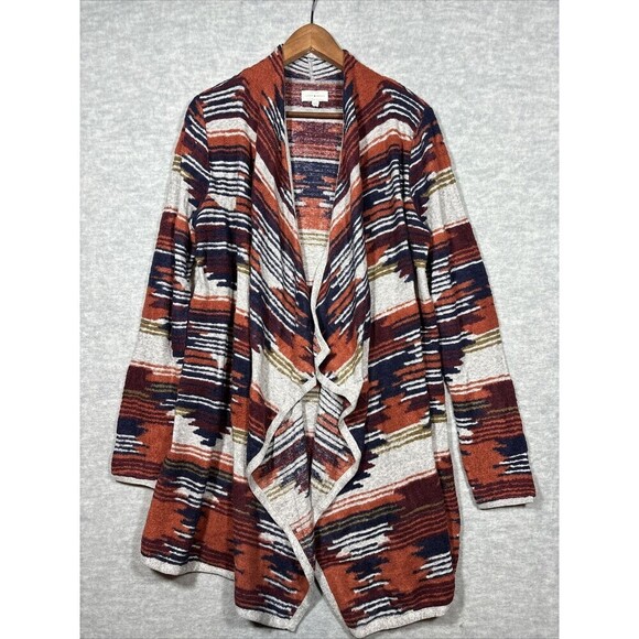 Lucky Brand Open‎ Front Cardigan Sweater Sz L Southwest Aztec Mid Length Casual - Picture 1 of 5